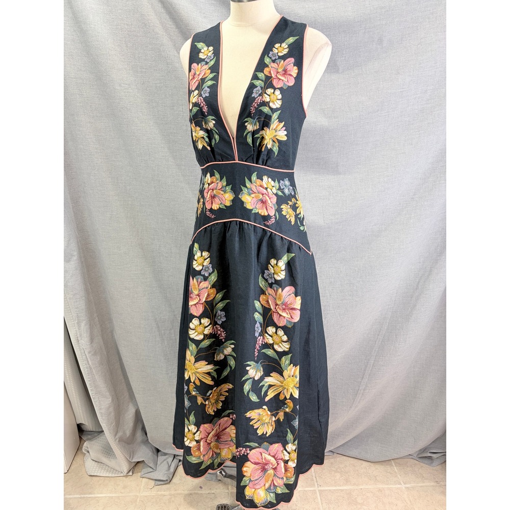NWT Farm Rio Maira Floral Dark Blue Linen Midi Dress Sleeveless V-Neck - Picture 2 of 16